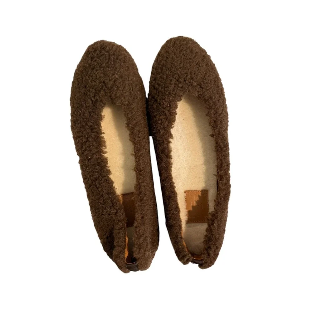 New Flattered Nina Faux Teddy Flat Brown Faux Fur Ballet Shoes EU 41 US 10.5